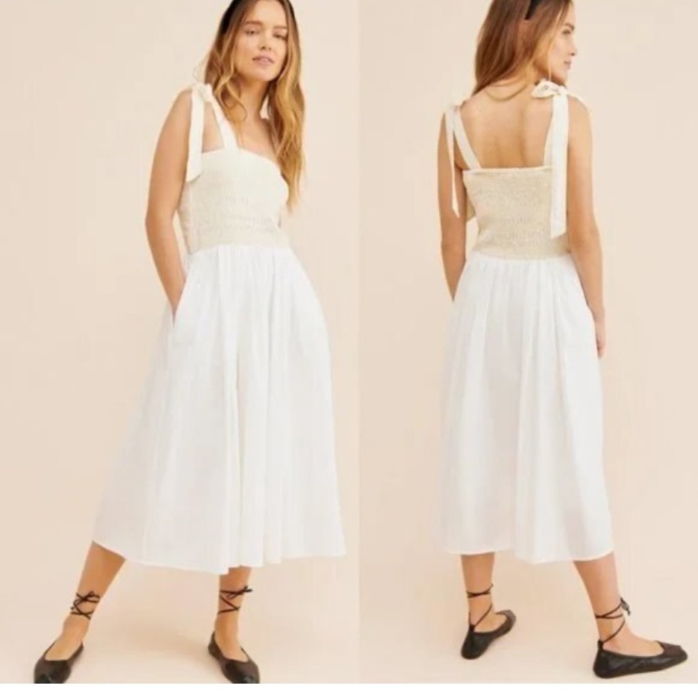 New without tag Kourt Drew Smocked Midi Dress in White Yellow